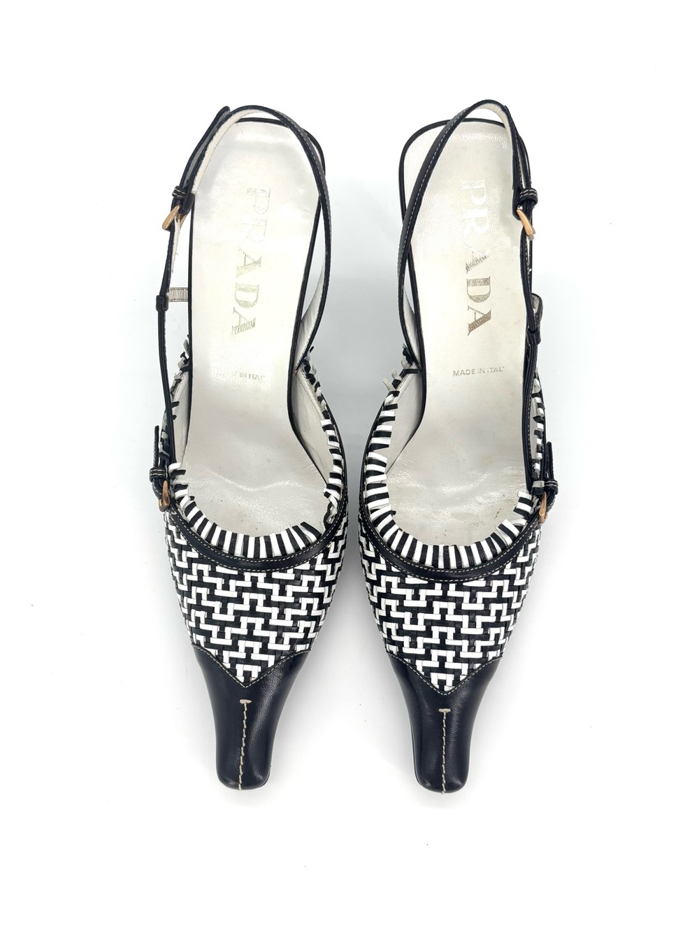 Prada Retro Vintage Cap Toe Mini Buckle Fringe Embellished Slingback Pumps 37 - Picture 7 of 9